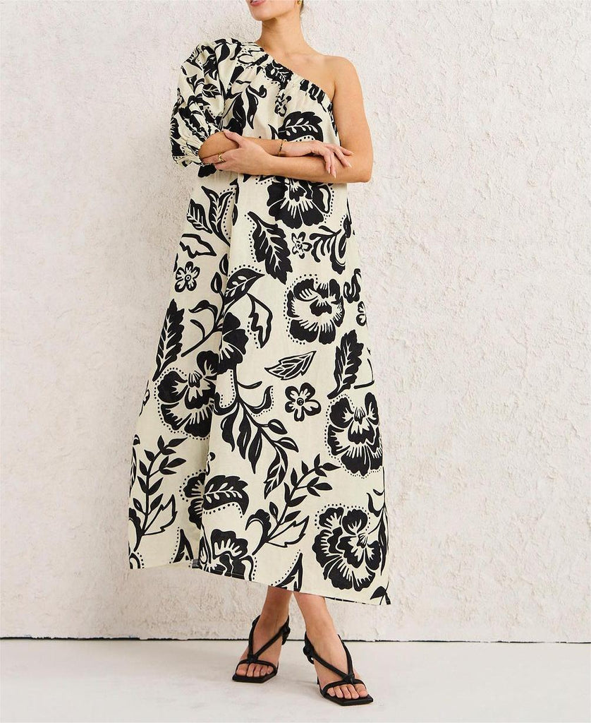 One-Shoulder Printed Maxi Dress