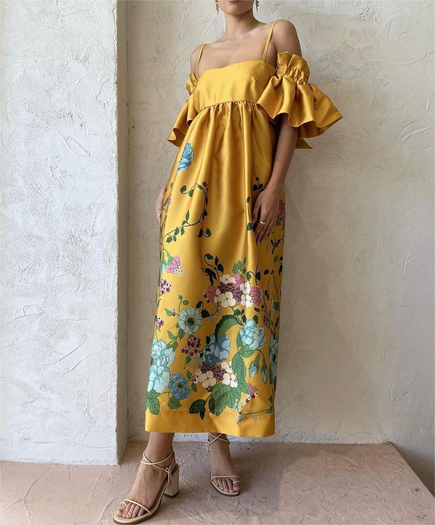Gold Floral Classical Maxi Dress