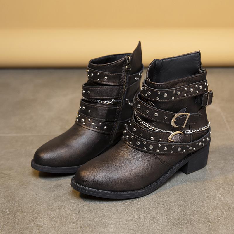 Women's Pointed Toe Punk Rivet Platform Cowhide Walking Boots