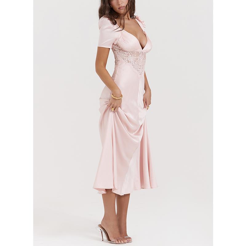 Soft Peach Silk & Lace Maxi Dress