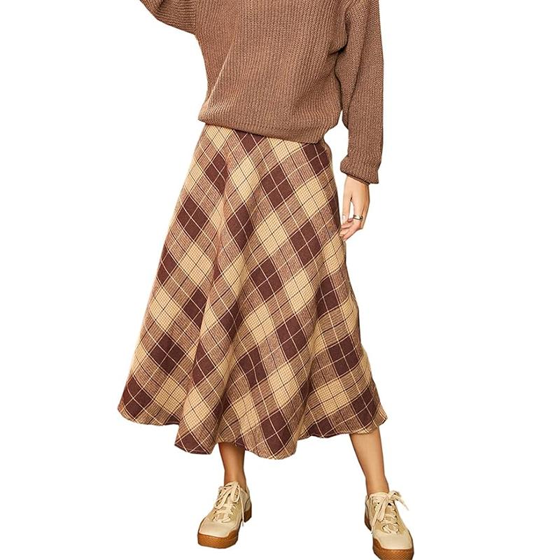 Womens High Elastic Waist Maxi Skirt A-line Plaid Skirt
