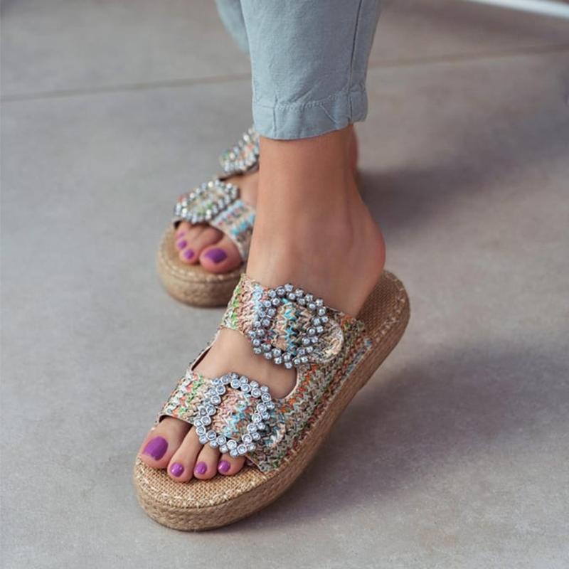 Linen Woven Gemstone Embellished Wicker Flat Women's Slippers