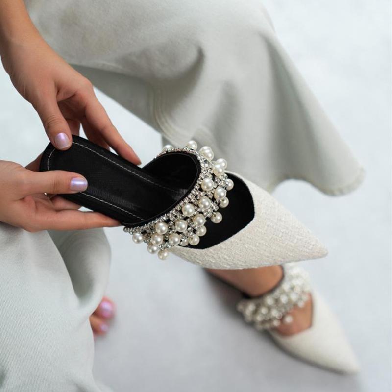 Handmade pearl & diamond flat slippers