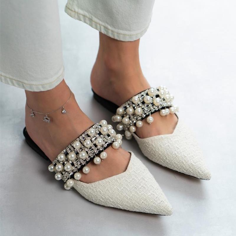 Handmade pearl & diamond flat slippers