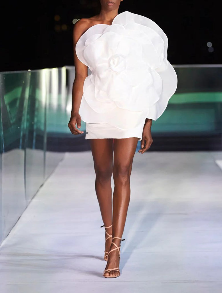 White Oversized Three-dimensional Flower Mini Dress