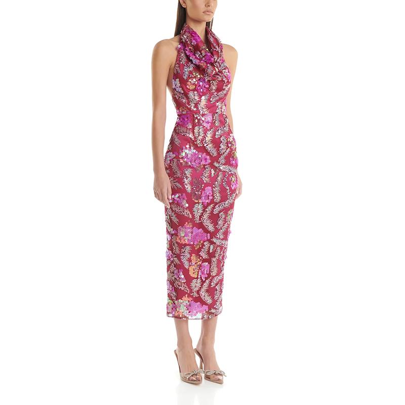 Rose Hot-stamped Feather Maxi Dress