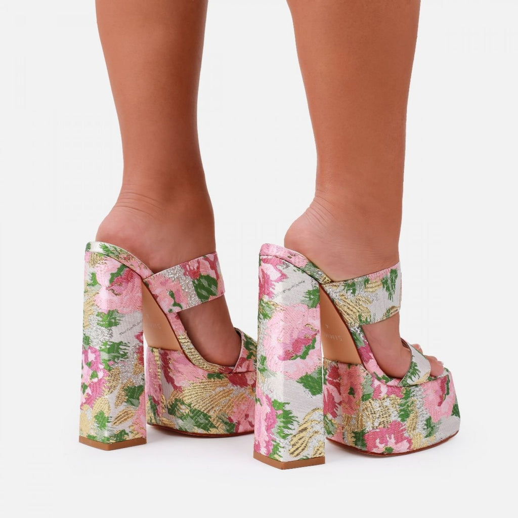 Pink Floral Jacquard Platform Heeled Sandals