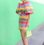 Elegant Colorful Bubble Sleeve Holiday Mini Dress