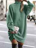 Green Turtleneck Basic Casual Sweater dress