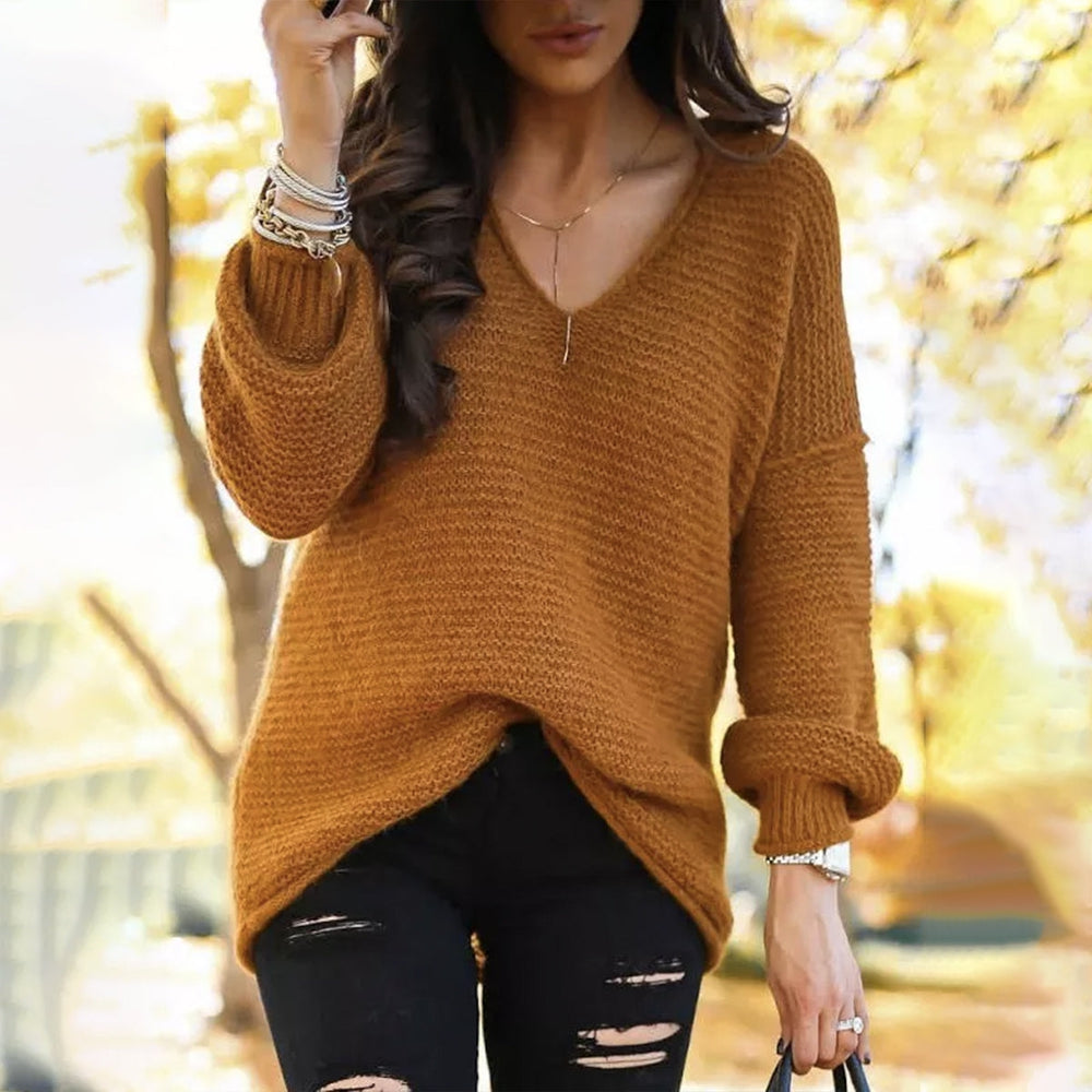 Brown V-Neck Plain Sweater
