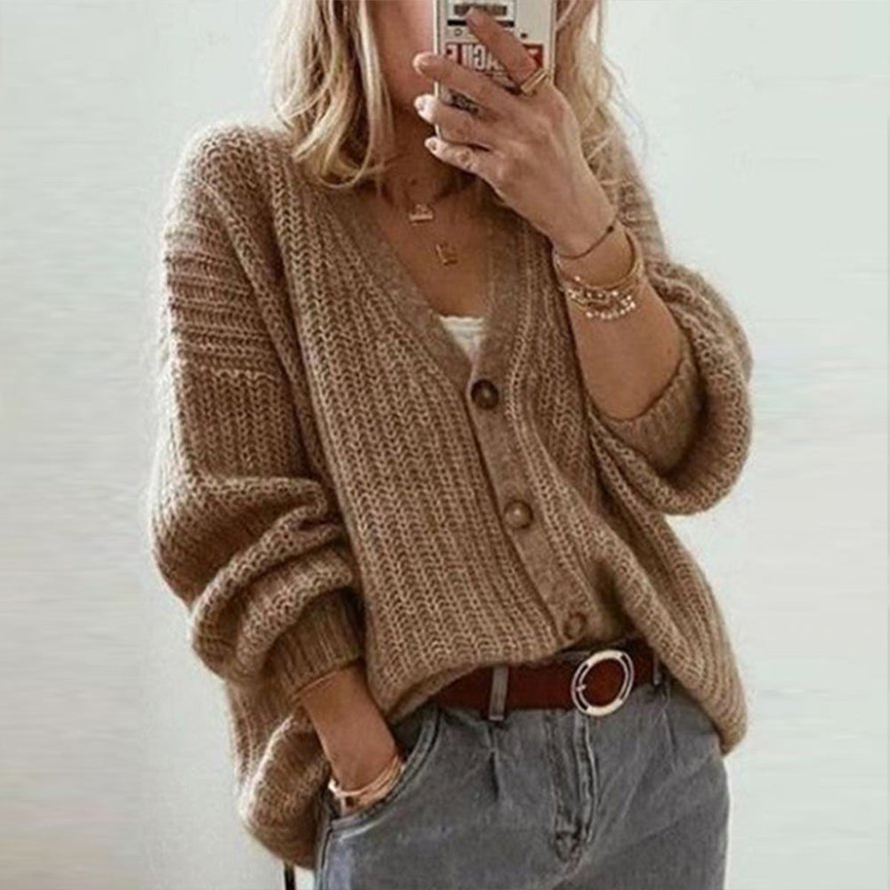 Baggy Khaki Plain V-Neck Sweater