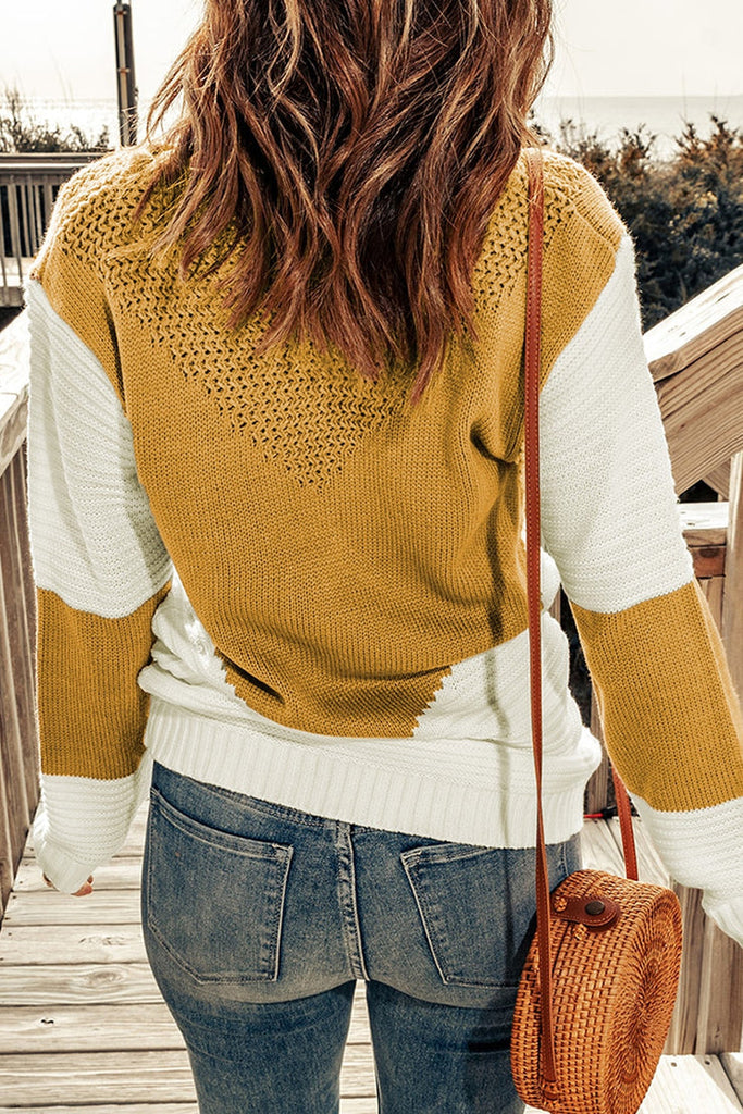 Yellow Round Neck Color Block Sweater