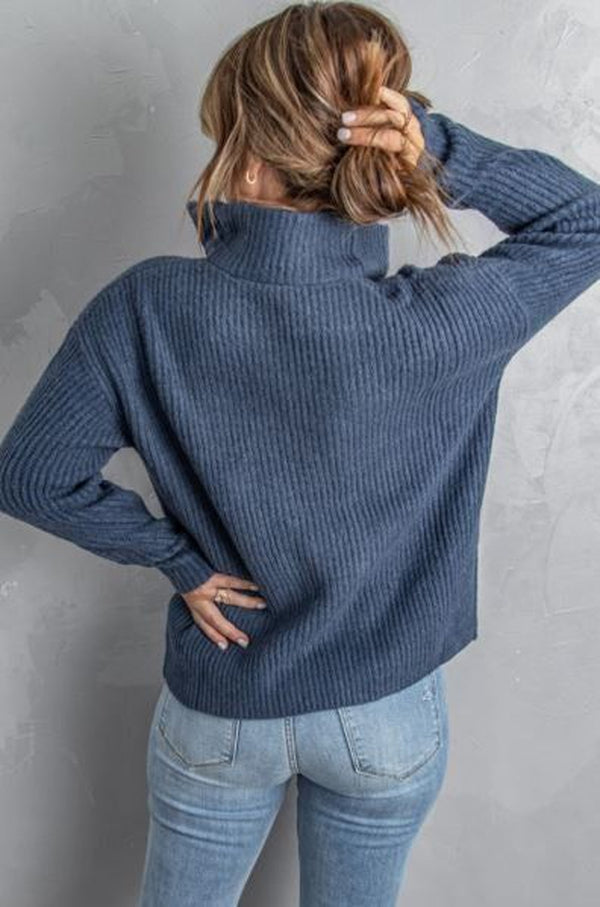 Blue Plain Collared Long Sleeve Sweater