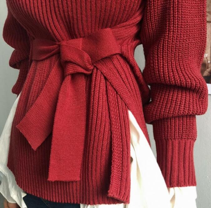 Red Plain High Neck Sweater