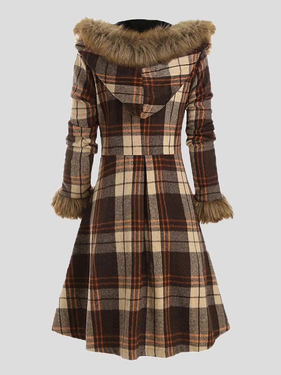 Women's Coats Hooded Fur And Alloy Button Plaid Woolen Mid-Length Coat