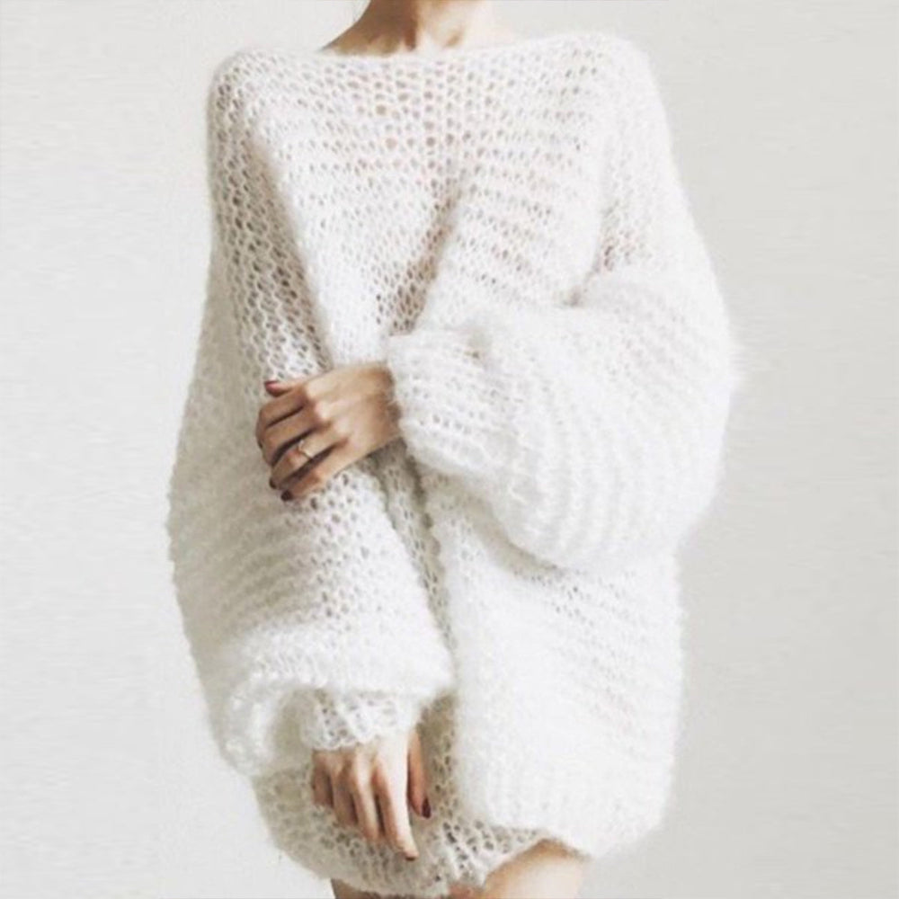 Baggy Plain White Boat Neck Sweater