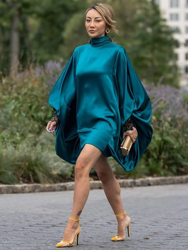 Loose Batwing Sleeves Buttoned Solid Color Mini Dresses