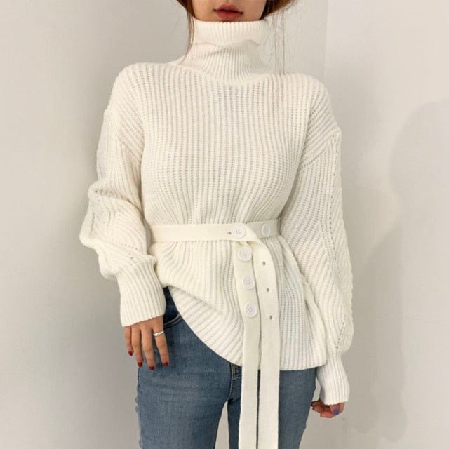 Causal High Neck Plain White Sweater