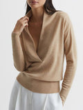 Coffee Plain Deep V-Neck Long Sleeve Sweater