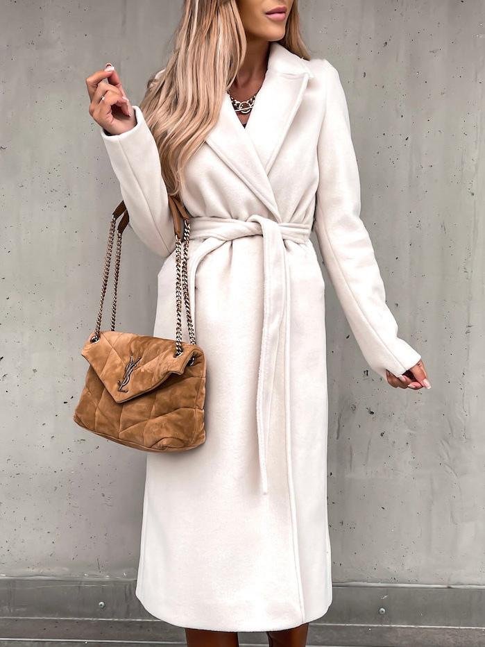 Women's Coats Simple Lapel Belted Long Sleeve Woolen Coat