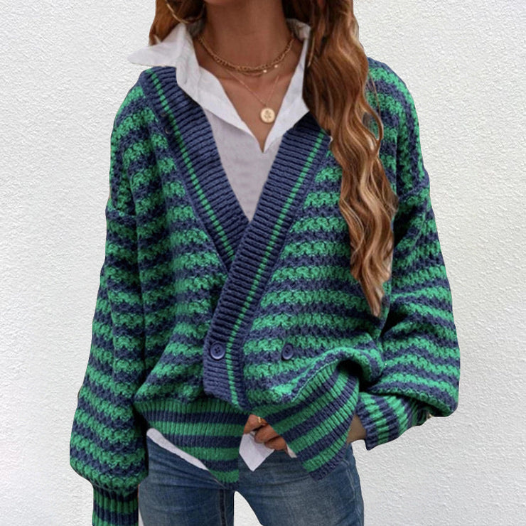 Green Striped V-Neck Sweater