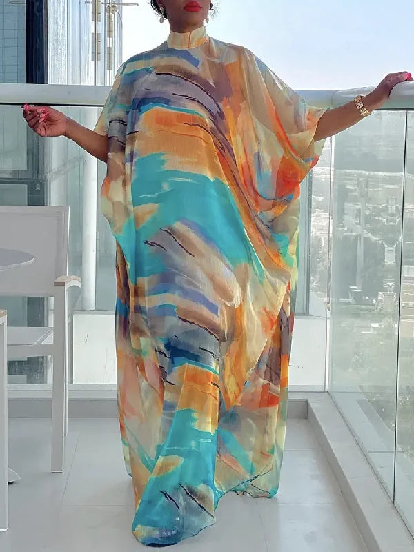 Vacation Batwing Sleeves Contrast Color Printed High-Neck Maxi Dresses
