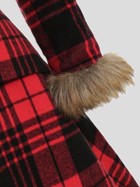 Women's Coats Hooded Fur And Alloy Button Plaid Woolen Mid-Length Coat