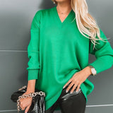 Green Plain V-Neck Sweater