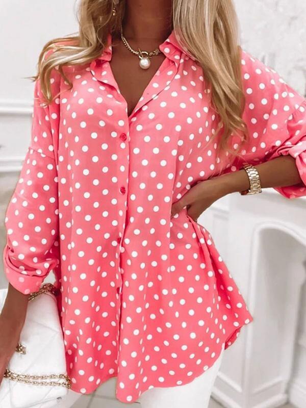 Oversized Pink Polka Dot Button Front Blouse