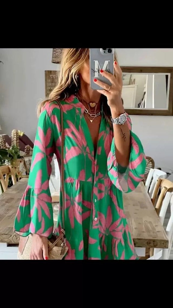 Mint Green and Pink Tropical Long Sleeve Mini Dress