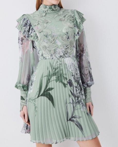 Floral Applique Lace Pleated Mini Dress