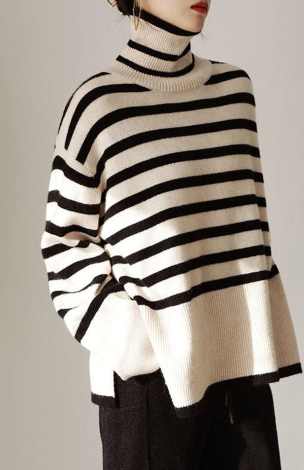 Trendy Striped High Neck Sweater